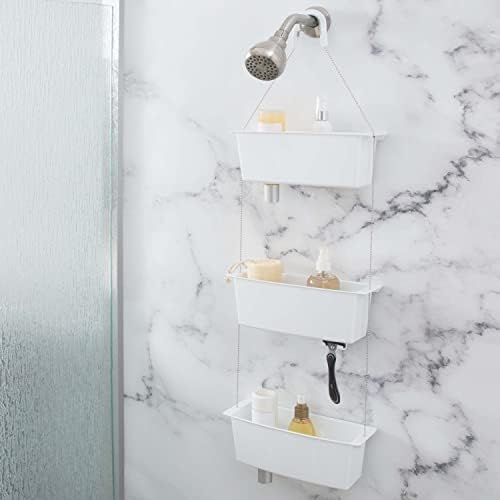Bumh Bliss 3 Tier Hanging יניקה מקלחת לבנה קאדי | מידות: 4 x 11.3 x 34.7 | 2 ווים המותקנים על ראש מקלחת | דלת מקלחת זכוכית